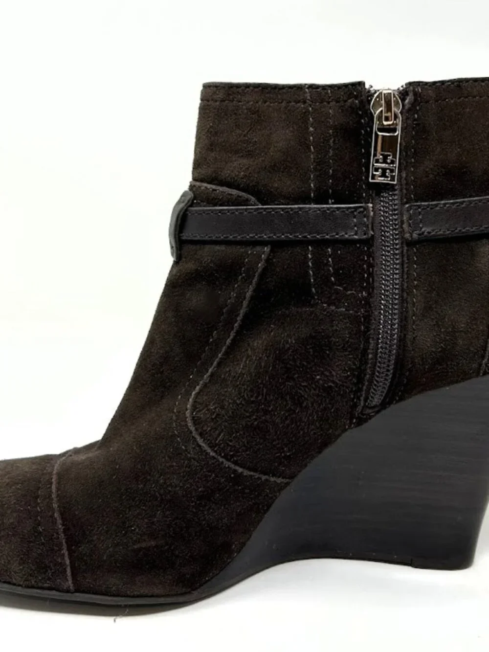 Tory Burch Aaden Suede Wedge Ankle Boots Brown Gold Logo Size 10
